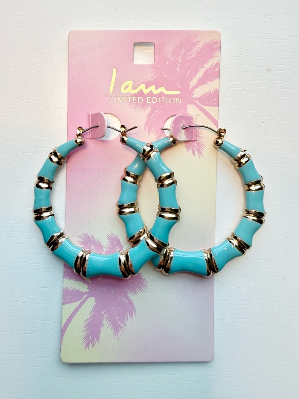 Turquoise Bamboo Enamel and Gold Tropical Beach Hoop Earrings